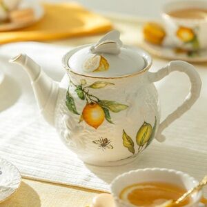 Grace Teaware Lemon Bee Porcelain Teapot, Sugar and Creamer Set